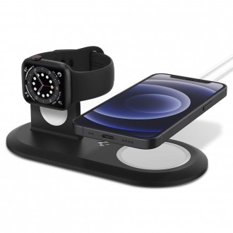 Juodas bevielis įkrovimo STOVAS Apple Telefonui + Laikrodžiui Spigen "Magfit duo Apple magsafe & Apple watch charger STAND"