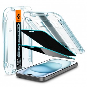 Privatumo suteikiantis apsauginis stikliukas "Spigen Glas.Tr ”EZ FIT Privacy (2-vnt)" su montavimo rėmeliu telefonui iPhone 15