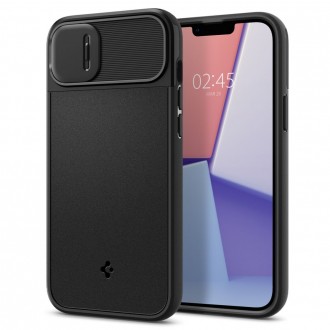 Juodas tekstūrinis dėklas su kameros apsauga "Spigen Optik Armor Mag Magsafe" telefonui iPhone 14