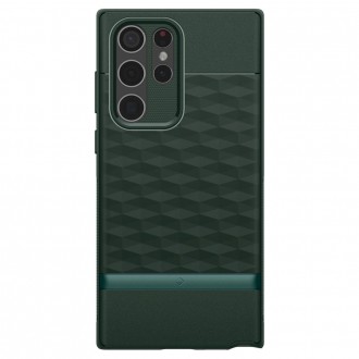 Tamsiai žalias 3D dizaino dėklas, "Spigen Caseology Parallax" telefonui Samsung Galaxy S22 Ultra