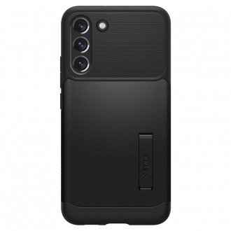 Juodas dviejų tekstūrų dėklas su stovu "Spigen Slim Armor" telefonui Galaxy S22 