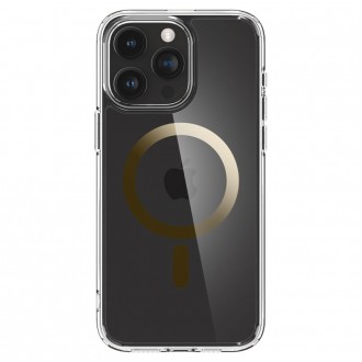 Itin tvirtas skaidrus dėklas su auksinėmis detalėmis "Spigen Ultra Hybrid Mag Magsafe" telefonui iPhone 15 Pro Max