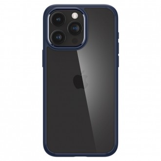 Itin tvirtas skaidrus dėklas mėlynos spalvos kraštais "Spigen Ultra Hybrid" telefonui iPhone 15 Pro Max