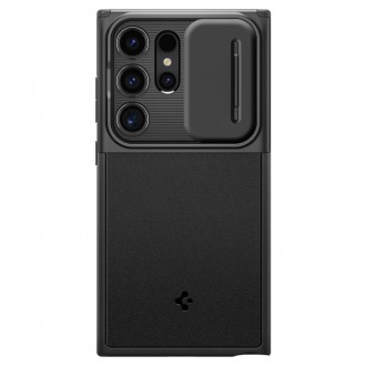 Juodas tekstūrinis dėklas su kameros apsauga "Spigen Optik Armor" telefonui Samsung Galaxy S24 Ultra