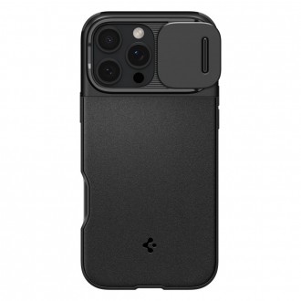 Juodas tekstūrinis dėklas su kameros apsauga "Spigen Optik Armor Mag Magsafe" telefonui Apple iPhone 16 Pro 
