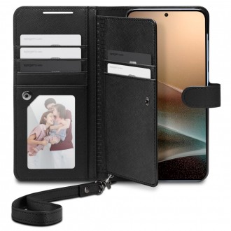 Juodas išskirtinio dizaino dėklas/piniginė "Spigen Wallet S" telefonui Samsung Galaxy S25 Plus