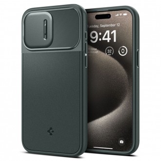 Žalias tekstūrinis dėklas su kameros apsauga "Spigen Optik Armor Mag Magsafe" telefonui iPhone 15 Pro Max