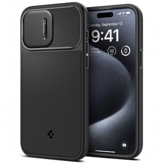 Juodas tekstūrinis dėklas su kameros apsauga "Spigen Optik Armor Mag Magsafe" telefonui iPhone 15 Pro