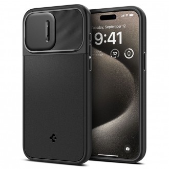 Juodas tekstūrinis dėklas su kameros apsauga "Spigen Optik Armor Mag Magsafe" telefonui iPhone 15 Pro Max
