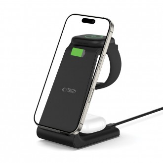 Juoda belaidė įkrovimo stotelė Apple įrenginiams "Tech-Protect QI15W-A36 3IN1 Wireless Charger"