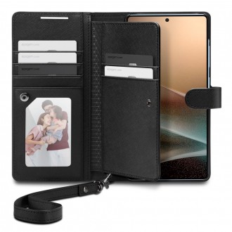 Juodas išskirtinio dizaino dėklas/piniginė "Spigen Wallet S" telefonui Samsung Galaxy S25 Ultra
