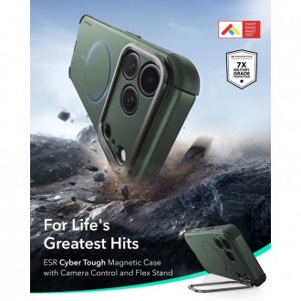 Tvirtas dėklas su kameros apsauga ir stovu "ESR Cyber Tough Kickstand Magsafe" telefonui Apple Iphone 17 PRO MAX / 18 PRO MAX GREEN