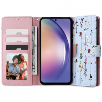 Gėlėtas atverčiamas dėklas "Tech-Protect Wallet Garden Blue" telefonui Galaxy A14 4G / 5G