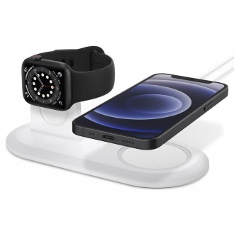 Baltas bevielis įkrovimo STOVAS Apple Telefonui + Laikrodžiui Spigen "Magfit duo Apple magsafe & Apple watch charger STAND"