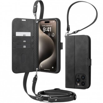Juodos spalvos atverčiamas dėklas/piniginė "Spigen Wallet S" telefonui iPhone 15 Pro