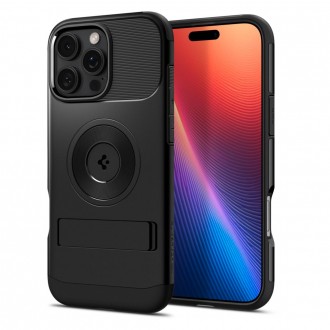Juodas dviejų tekstūrų dėklas su stovu "Spigen Slim Armor Mag Magsafe" telefonui Apple iPhone 16 Pro Max