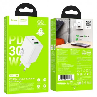 Įkroviklis Hoco N71 30W GaN USB-C / USB-A baltas