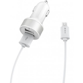 Baltas įkroviklis automobilinis Devia Smart su 2 USB jungtimis (2.4A) + microUSB