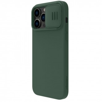 Tamsiai žalias dėklas su kameros apsauga "Nillkin CamShield Silky Magnetic Silicone" telefonui iPhone 14 Pro Max