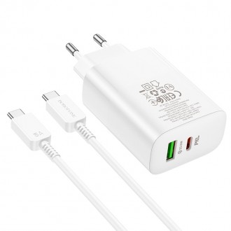 Pakrovėjas - Įkroviklis Borofone BN10 Type-C 65W / USB-A 22.5W + Type-C baltas