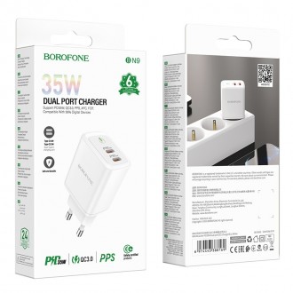 Pakrovėjas -Įkroviklis Borofone BN9 2xType-C 35W baltas