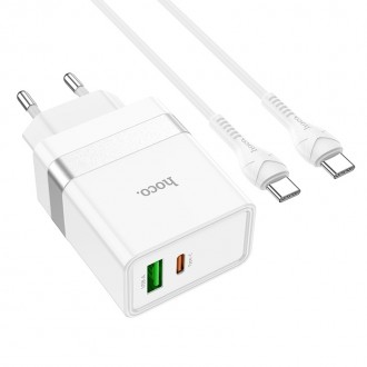 Pakrovėjas - Įkroviklis Hoco N21 USB-A / Type-C PD30W+QC3.0 + Type-C baltas