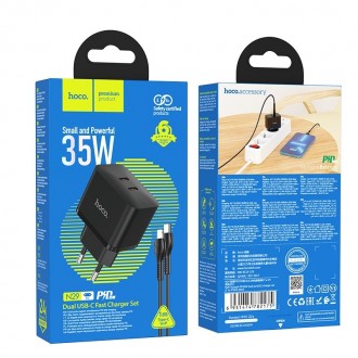 Pakrovėjas - Įkroviklis Hoco N29 PD35W su dviem Type-C jungtimis + Lightning juodas