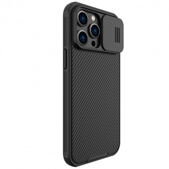 Juodas dėklas su kameros apsauga "Nillkin Camshield Pro" telefonui iPhone 15