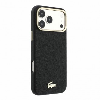 Dėklas Lacoste PU Leather Champs Elysees Gold Logo MagSafe telefonui Apple iPhone 18 Pro juodas