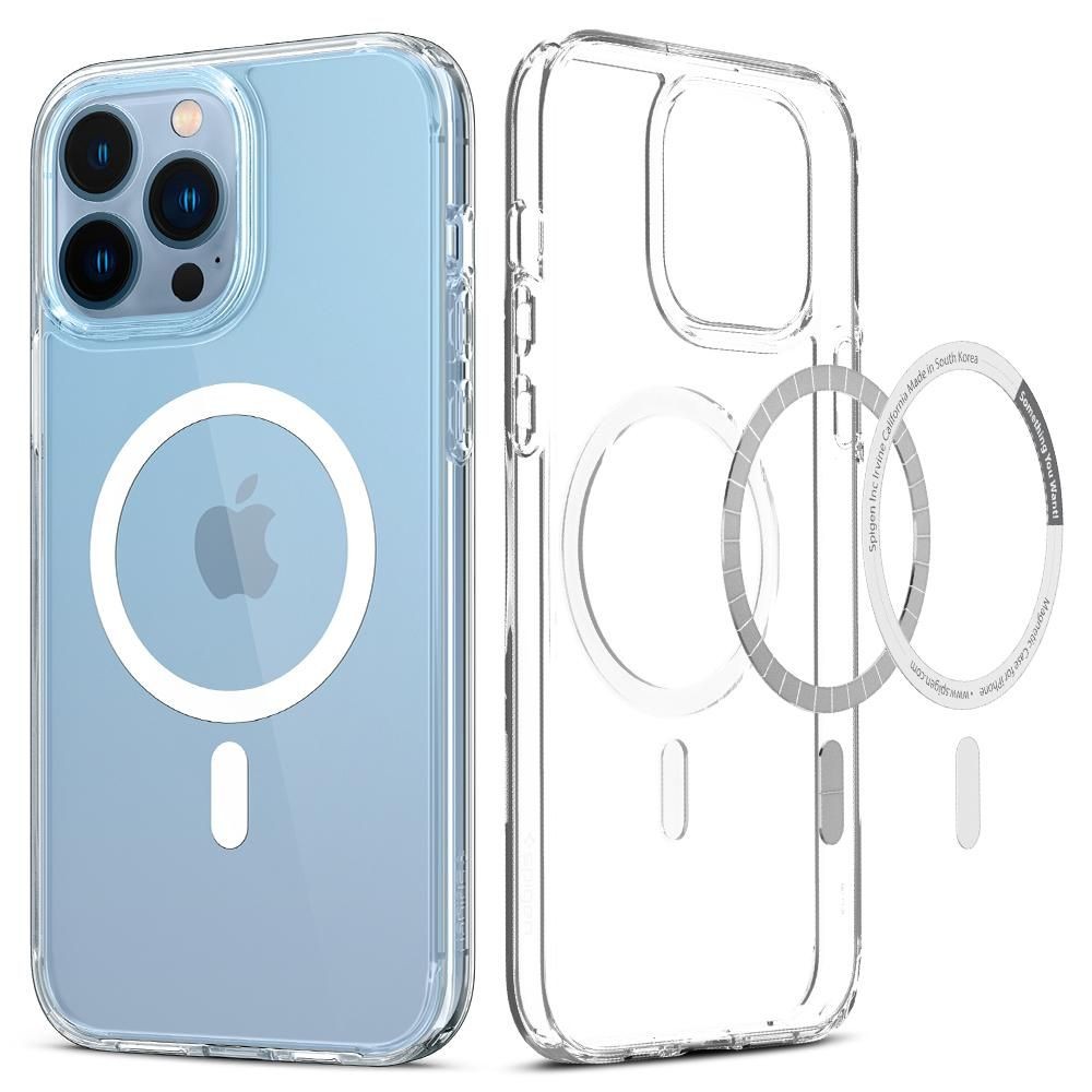 Skaidrus, naujos kartos dėklas "Spigen Ultra Hybrid Magsafe" telefonui iPhone 13 Pro Max (baltas)