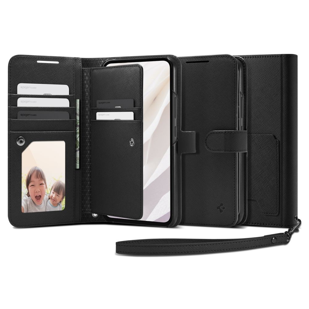 Juodos spalvos išskirtinio dizaino dėklas/piniginė Spigen "Wallet S Plus" telefonui Samsung Galaxy A54 5G