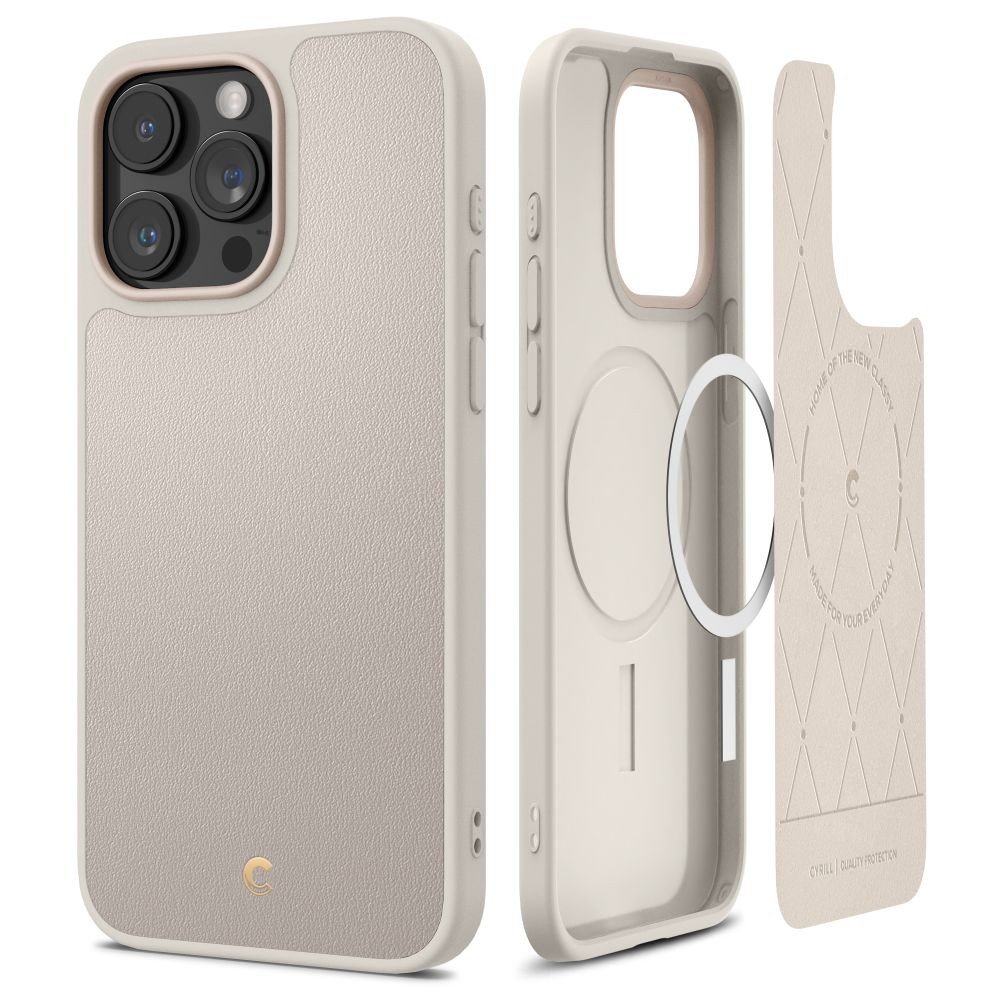 Kreminės spalvos išskirtinio dizaino matinis dėklas "Spigen Cyrill Kajuk Mag Magsafe" telefonui iPhone 15 Pro Max