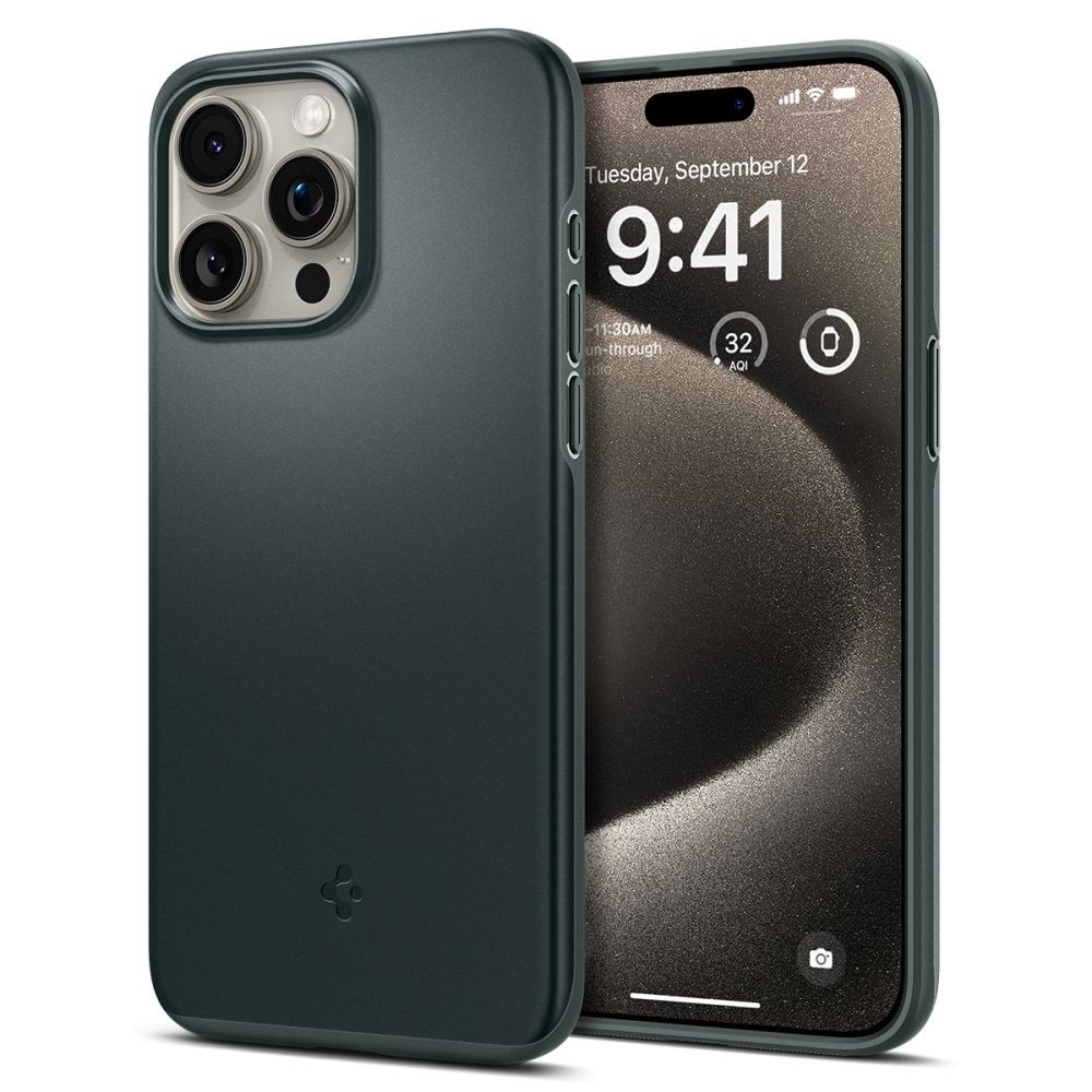Tamsiai žalias dėklas "Spigen Thin Fit" telefonui iPhone 15 Pro Max