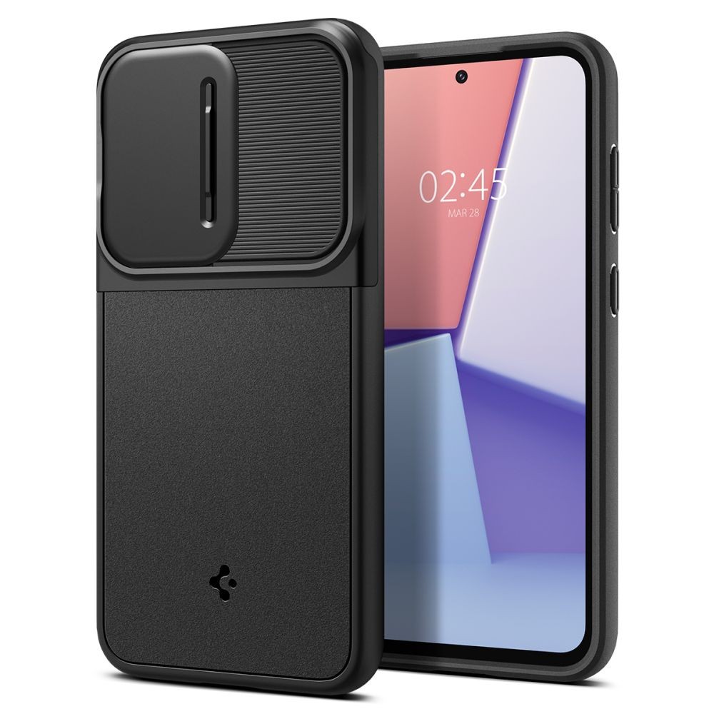 Juodas tekstūrinis dėklas su kameros apsauga "Spigen Optik Armor" telefonui Samsung Galaxy S23 FE