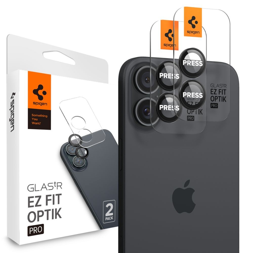 Juodos spalvos kameros apsauga "Spigen Optik Pro Glas.Tr Ez Fit Camera Protector" (2vnt.) telefonui Apple iPhone 16 / 16 Plus