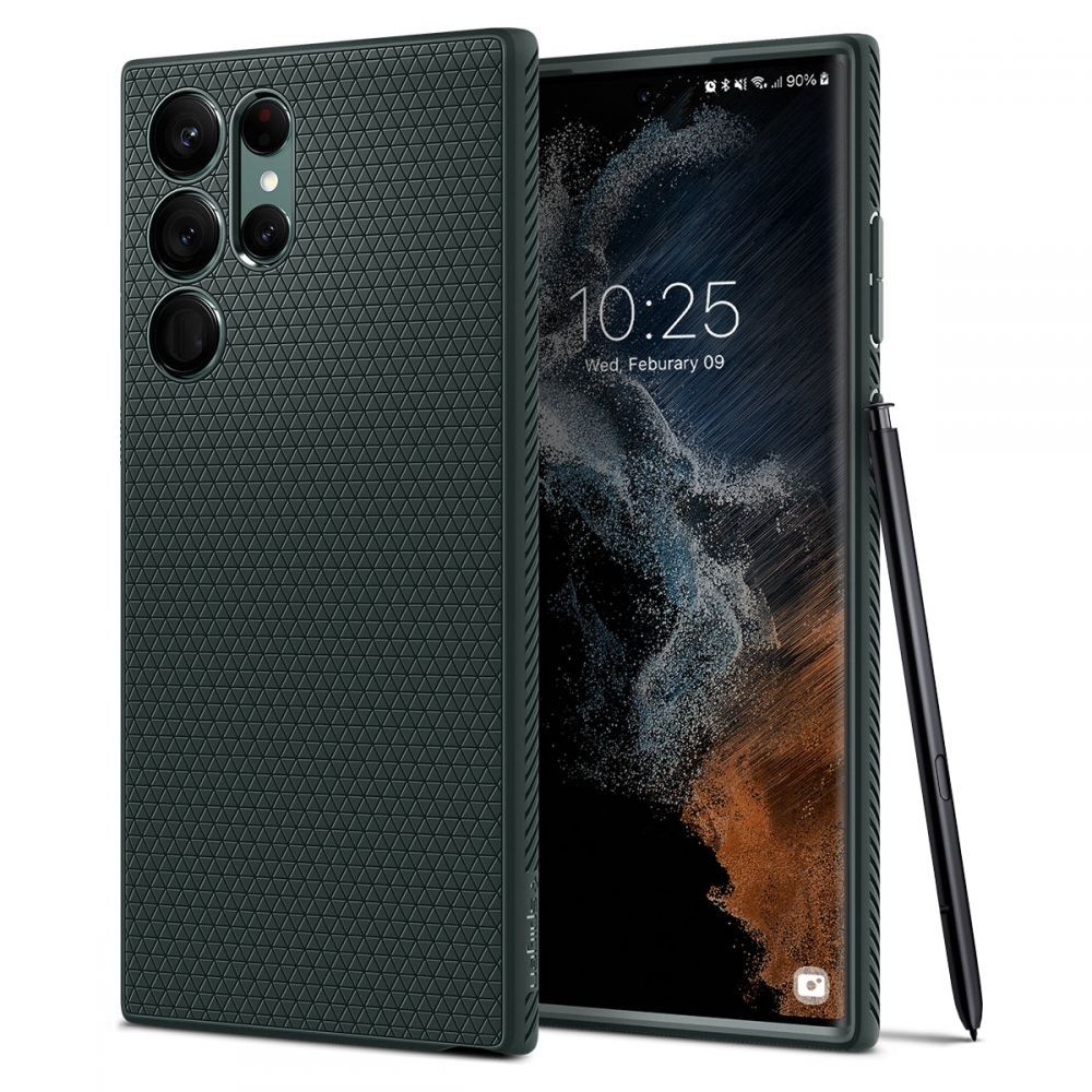 Tamsiai žalias originalios tekstūros dėklas "Spigen Liquid Air" telefonui Samsung Galaxy S22 Ultra
