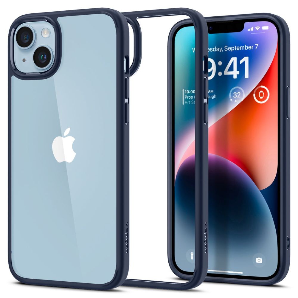 Itin tvirtas skaidrus dėklas mėlynos spalvos kraštais "Spigen Ultra Hybrid" telefonui iPhone 14 Plus