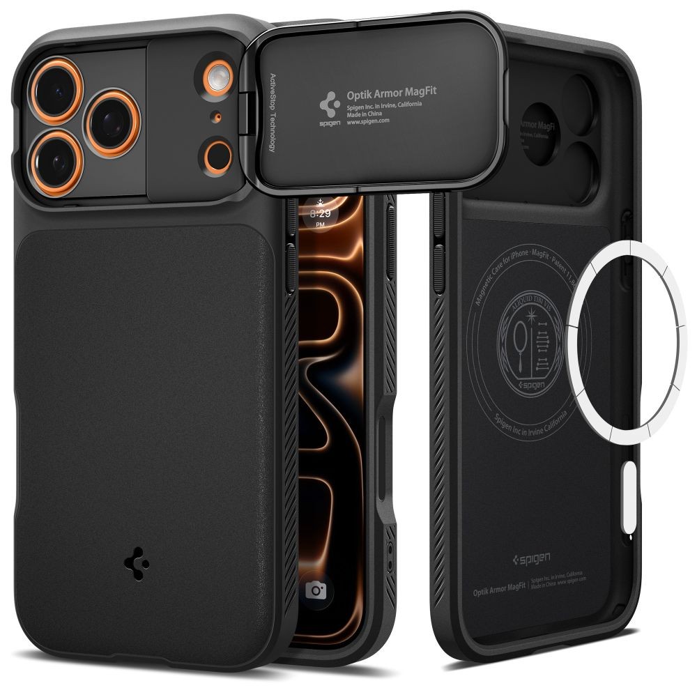 Juodas dėklas su kameros apsauga Spigen Optik Armor Mag Magsafe telefonui Apple Iphone 17 PRO MAX / 18 PRO MAX