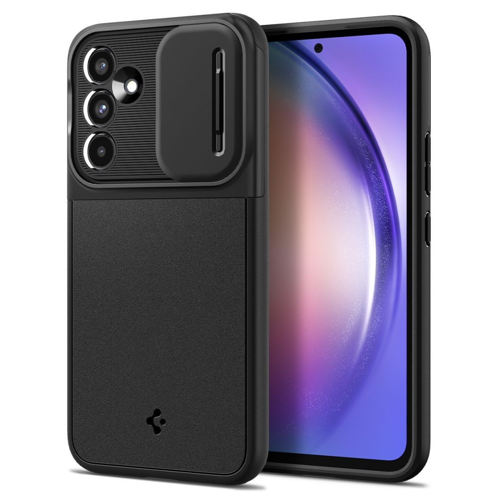 Juodas tekstūrinis dėklas su kameros apsauga "Spigen Optik Armor" telefonui Galaxy A54 5G