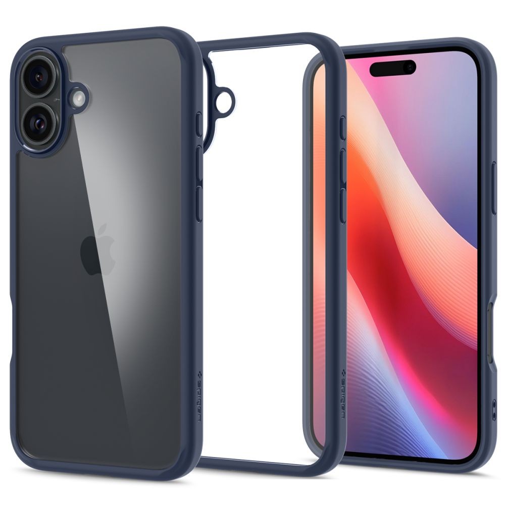 Itin tvirtas skaidrus dėklas mėlynais kraštais "Spigen Ultra Hybrid" telefonui Apple iPhone 16 