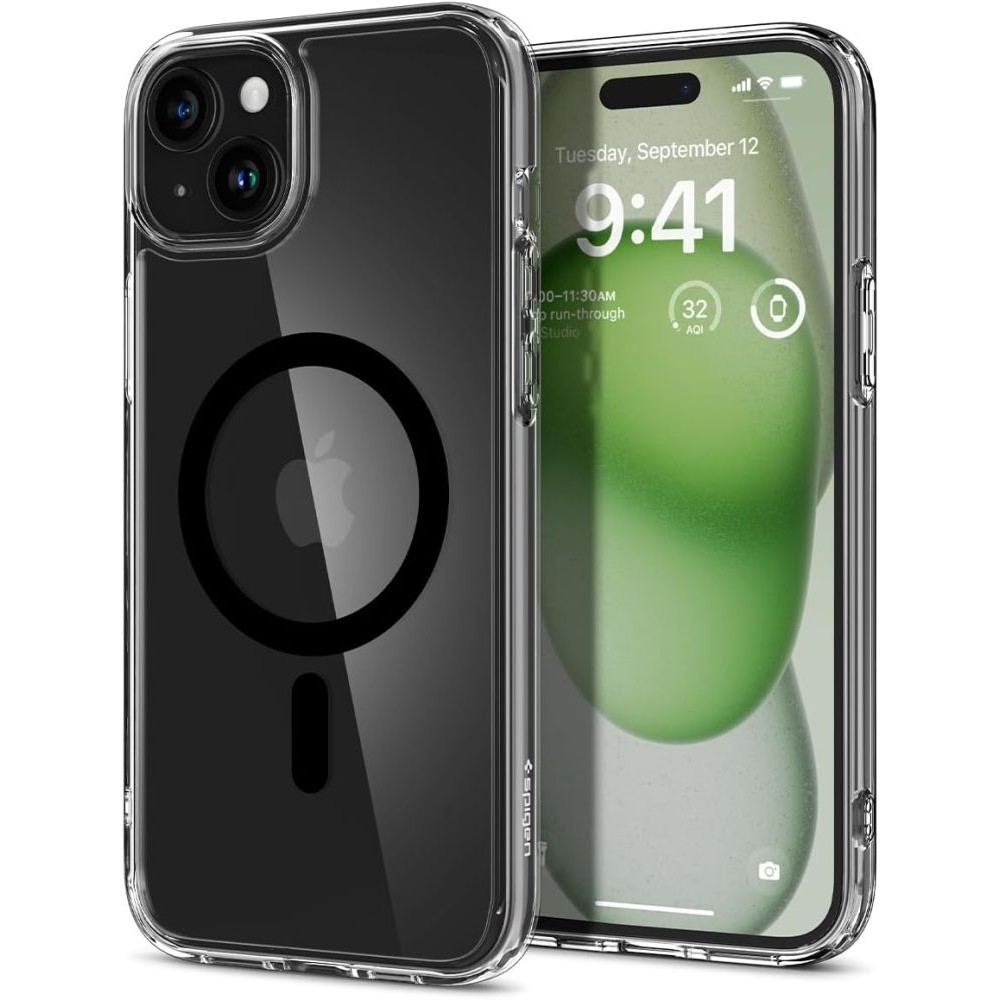 Itin tvirtas skaidrus dėklas su juodomis detalėmis "Spigen Ultra Hybrid Mag Magsafe" telefonui iPhone 15