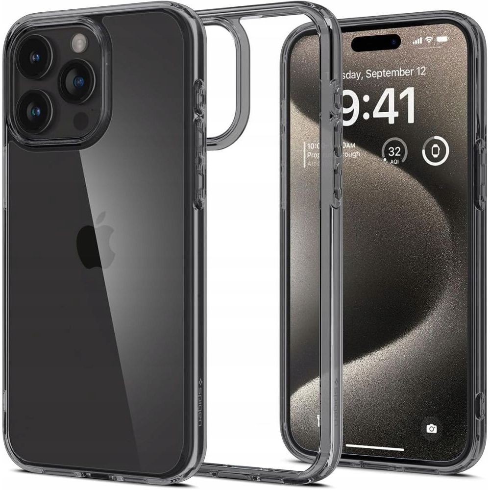 Itin tvirtas skaidrus dėklas pilkos spalvos kraštais "Spigen Ultra Hybrid" telefonui iPhone 15 Pro