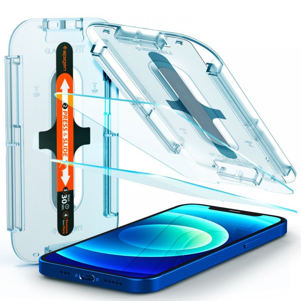 Apsauginis stiklas Spigen Glas.TR "EZ FIT 2-pack" (2vnt.) su montavymo rėmeliu telefonui Apple iPhone 12 / 12 PRO