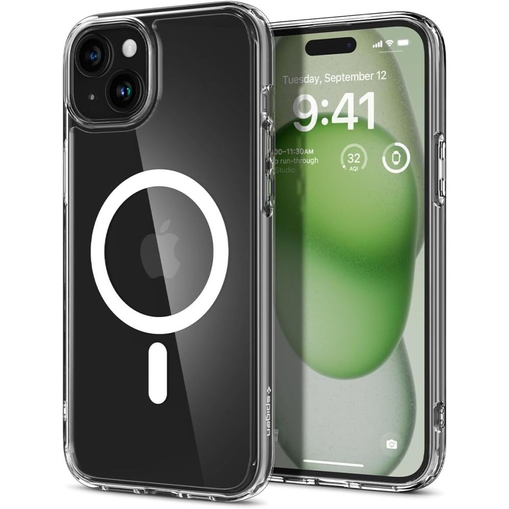 Itin tvirtas skaidrus dėklas su baltomis detalėmis "Spigen Ultra Hybrid Mag Magsafe" telefonui iPhone 15
