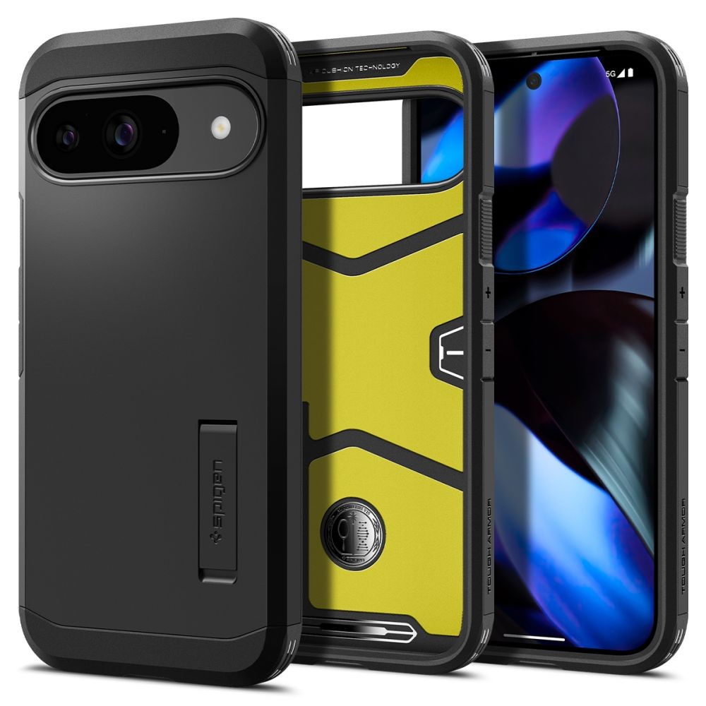 Juodas dviejų sluoksniu dėklas/stovas "Spigen Tough Armor" telefonui Google Pixel 9 / 9 Pro