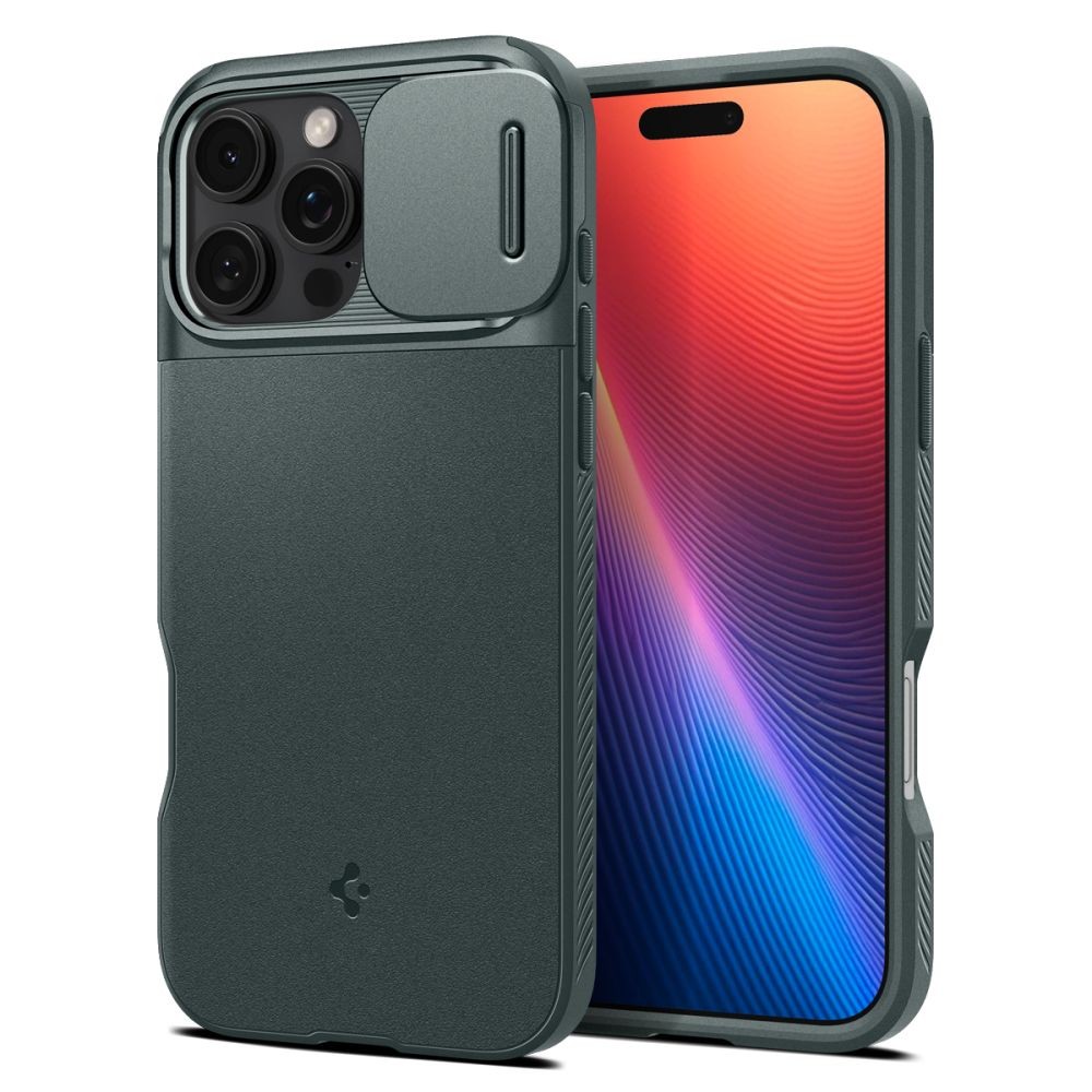 Žalias tekstūrinis dėklas su kameros apsauga "Spigen Optik Armor Mag Magsafe" telefonui Apple iPhone 16 Pro 