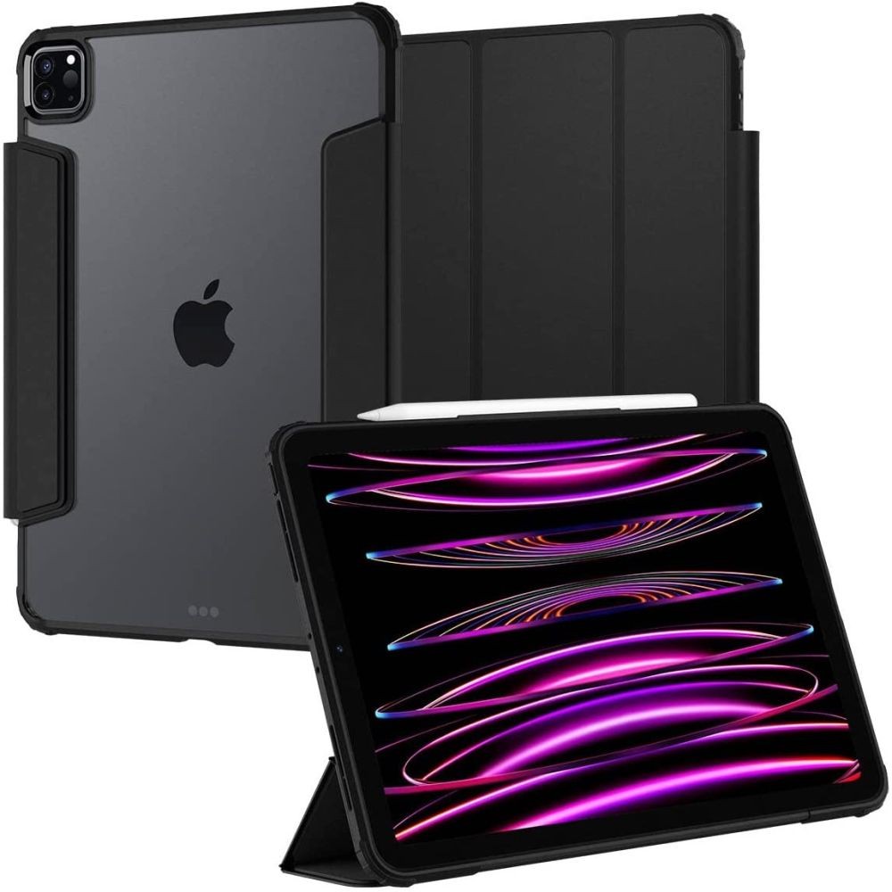 Juodas atverčiamas išskirtinio dizaino dėklas "Spigen Ultra Hybrid Pro" skirtas iPad Pro 12.9 2021 / 2022 