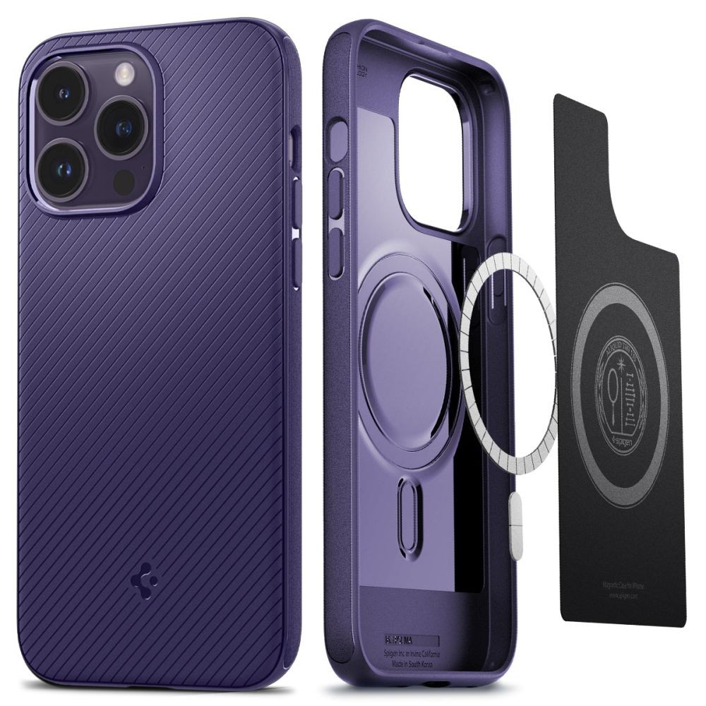 Purpurinės originalios matinės tekstūros dėklas "Spigen Mag Armor" telefonui iPhone 14 Pro