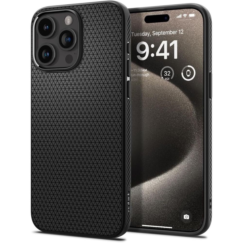 Juodas originalios tekstūros dėklas "Spigen Liquid Air" telefonui iPhone 15 Pro Max