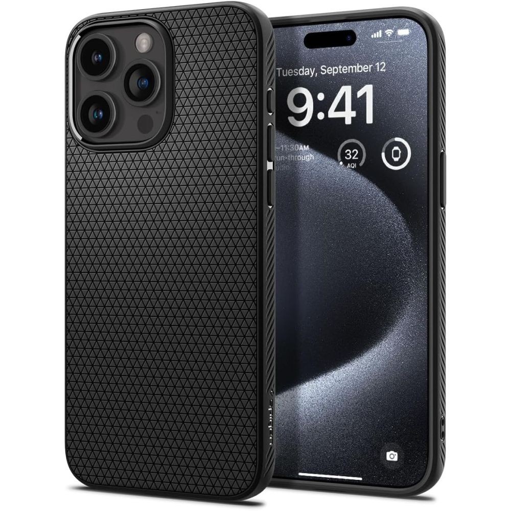 Juodas originalios tekstūros dėklas "Spigen Liquid Air" telefonui iPhone 15 Pro
